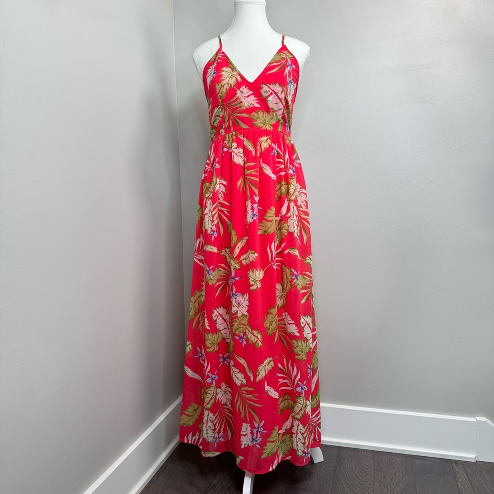 Japna Tropical Floral‎ Maxi Dress Coral Red S Smocked Back Lined
